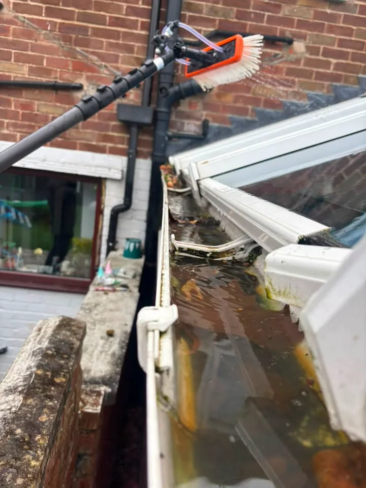 Gutter before cleaning, full of dirty standing water